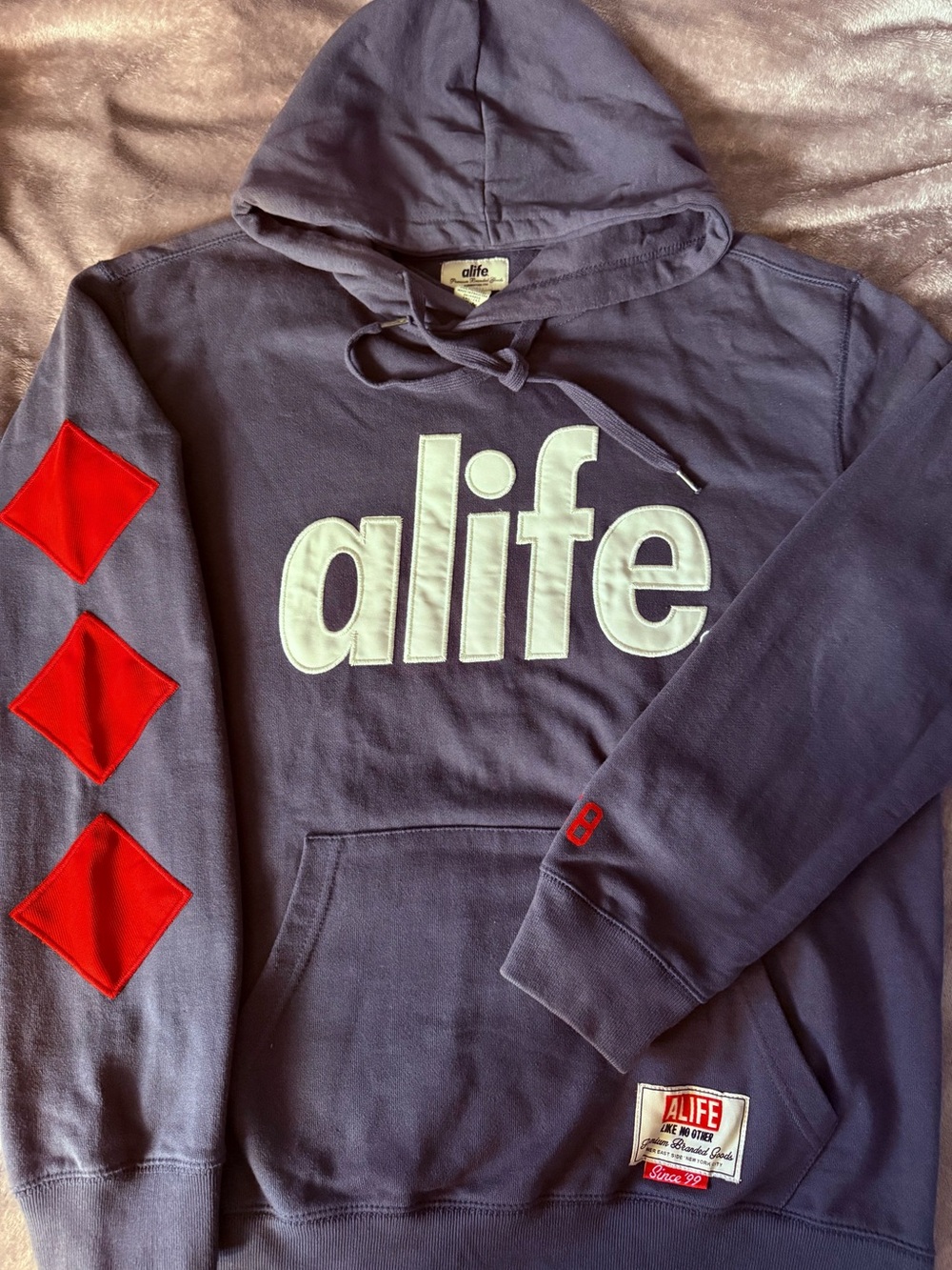 Alife Navy Crewneck Hoodie with White Logo and Red Sleeve Diamonds #Alife